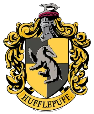 Hufflepuff house crest: a black badger on a yellow shield, the emblem of the house founded by Helga Hufflepuff
